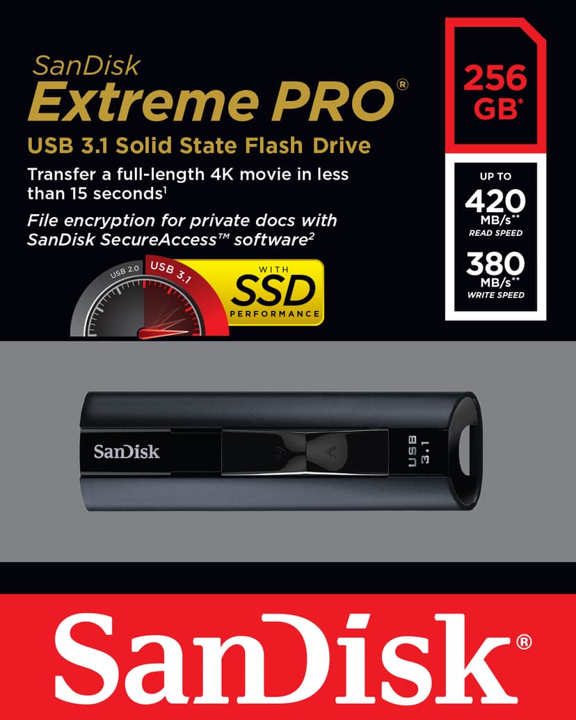 SanDisk Extreme Pro 256GB USB-A Sort