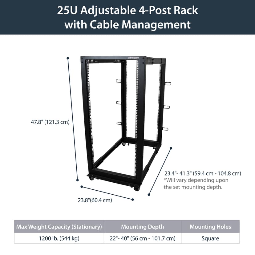 Startech 25U Adjustable Depth Open Frame 4 Post Server Rack