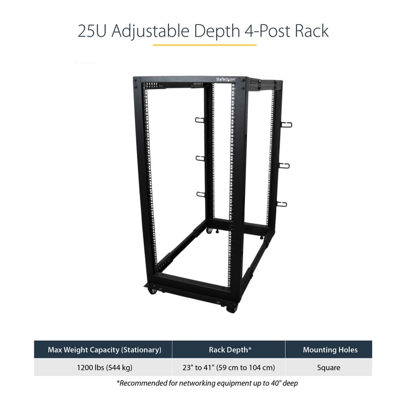 Startech 25U Adjustable Depth Open Frame 4 Post Server Rack