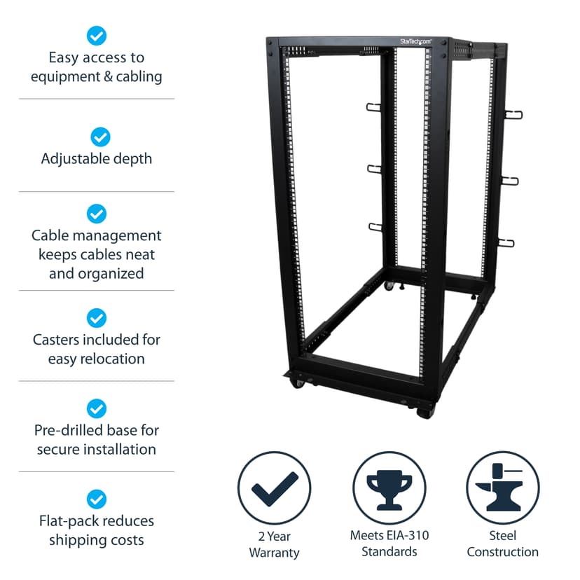 Startech 25U Adjustable Depth Open Frame 4 Post Server Rack