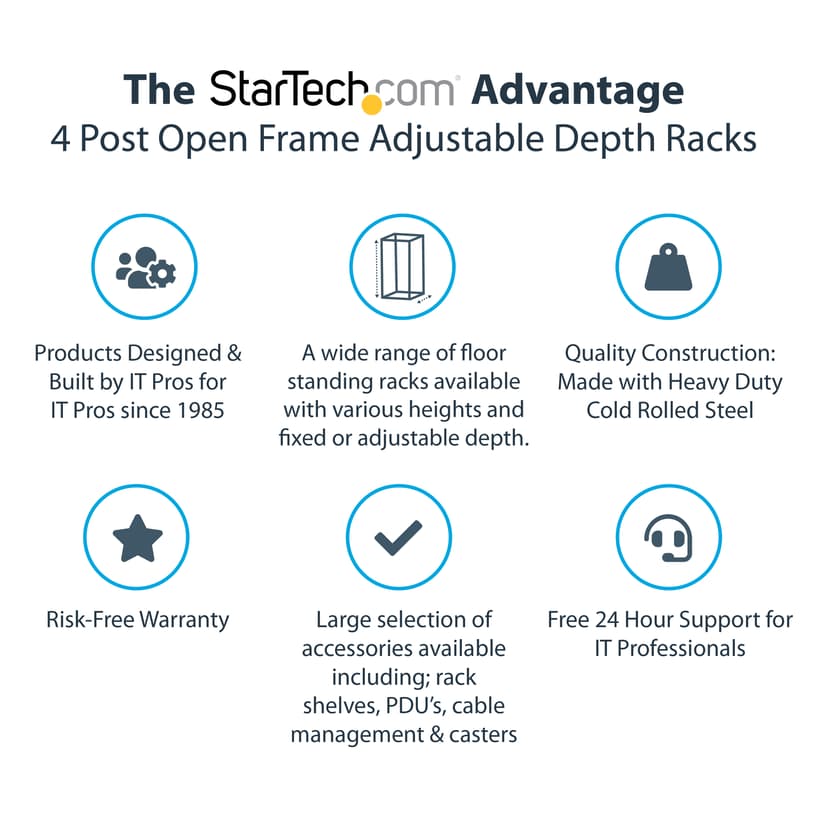Startech 25U Adjustable Depth Open Frame 4 Post Server Rack
