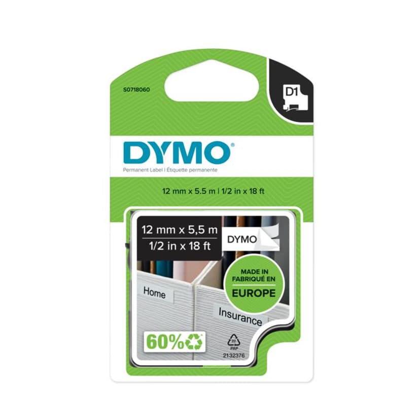 Dymo Tape D1 12mm Svart/Vit Permanent Polyester