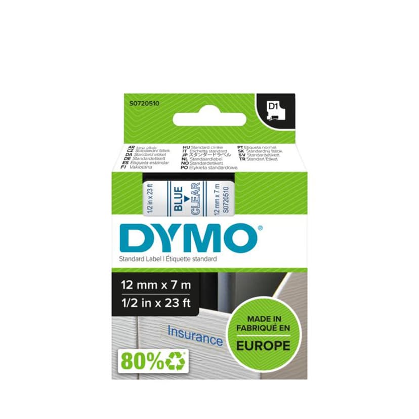 Dymo Tape D1 12mm Blå/Gjennomsiktig