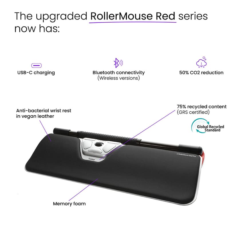 Contour Design RollerMouse Red Plus Wired USB-C Control Bar Zwart, Rood, Wit