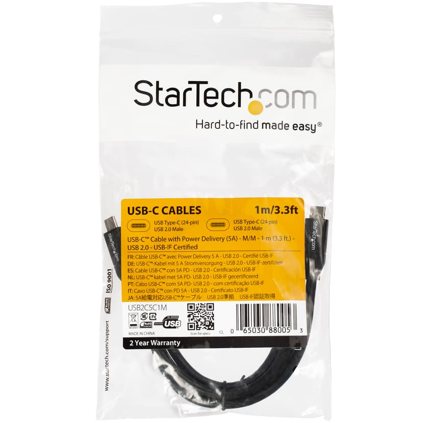 Startech StarTech.com USB-C naar USB-C kabel met 5A/100 W Power Delivery - M/M - 1 m - USB 2.0 - USB-IF certificatie 1m USB C USB C Zwart