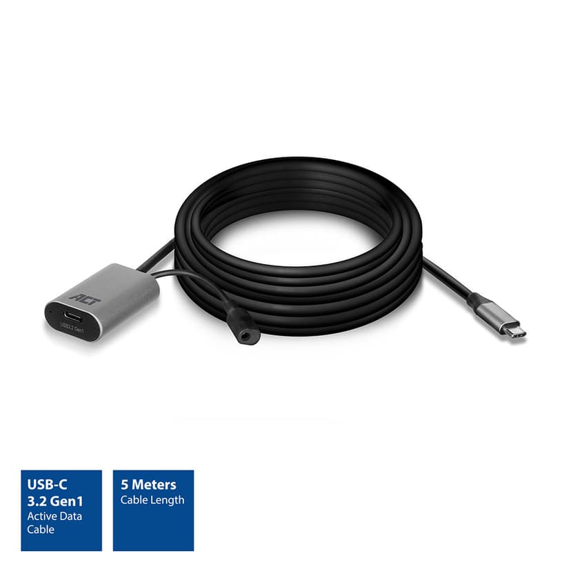 ACT USB-C 3.0 verlengkabel met signaalversterker, 5 meter 5m USB-C USB-C Zwart