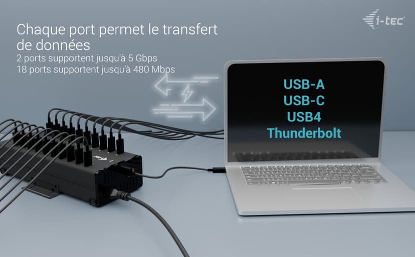 I-Tec USB-C x20 Charging 15W/Port + data HUB Musta