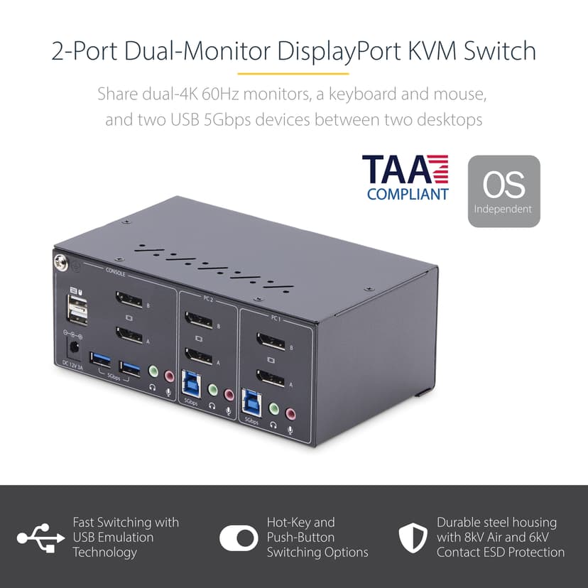 Startech 2-Porter Dual-Display Displayport KVM-bryter 4K med USB og Audio