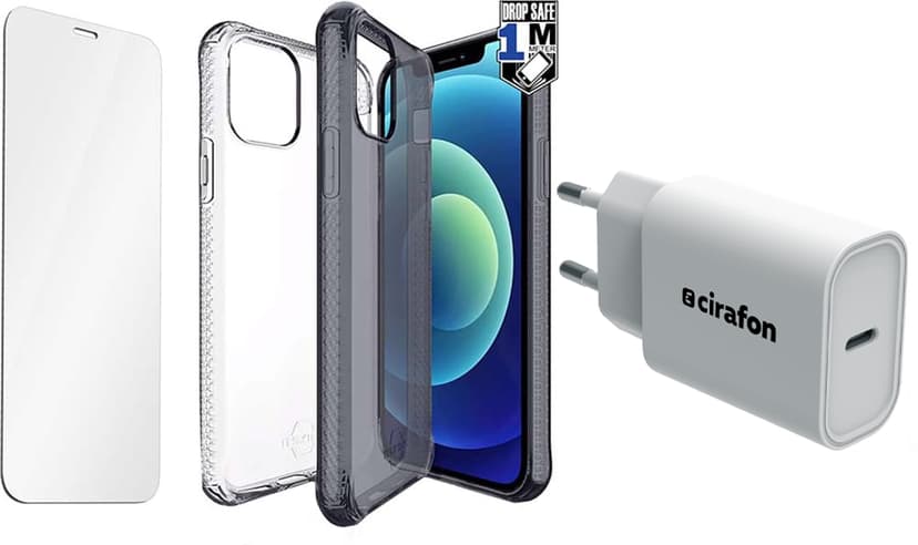 Cirafon Startsett med lader/glass/deksel iPhone 12 Gjennomsiktig, Sort