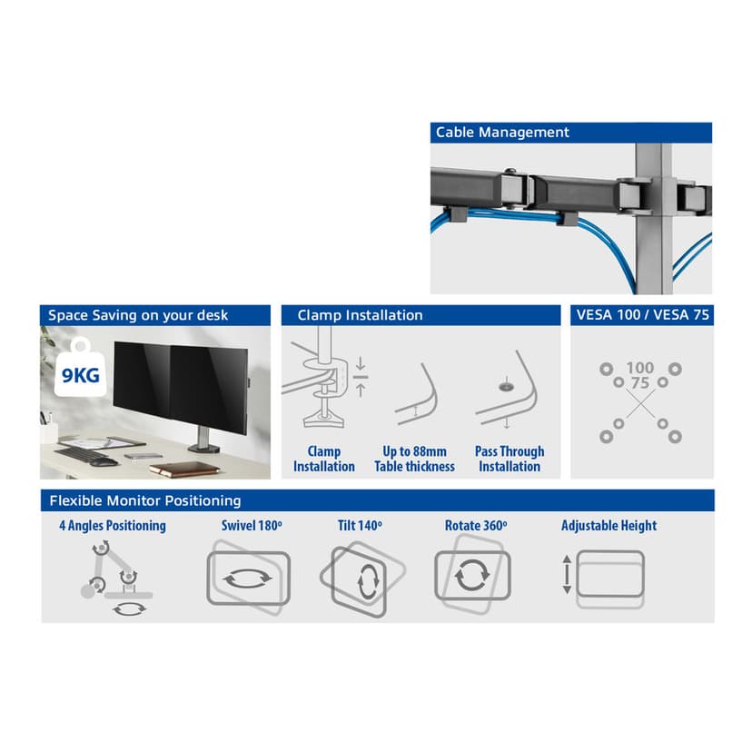 ACT Monitor Desk Stand 2 Screens Silver