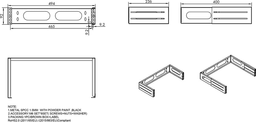 Prokord 19" Mount Bracket 2U Black