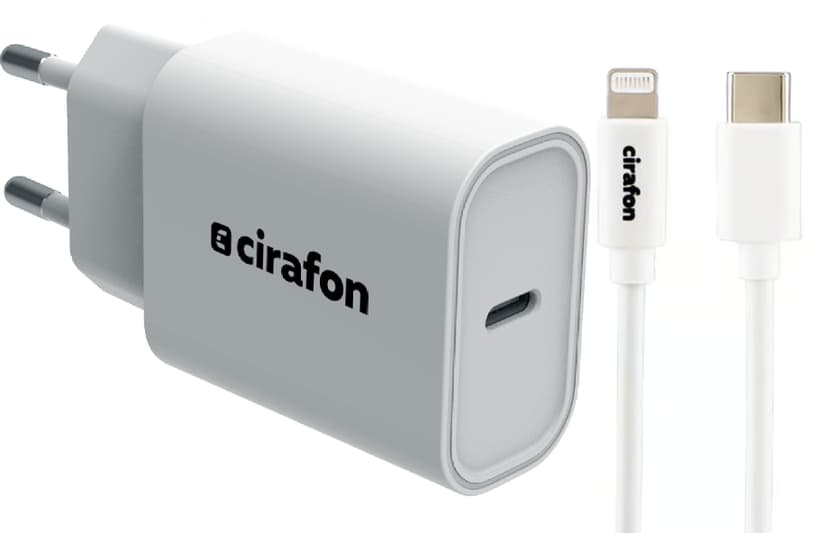 Cirafon Wall Charger 20W USB C/A + Cm To Lightning Cable 1m Valkoinen