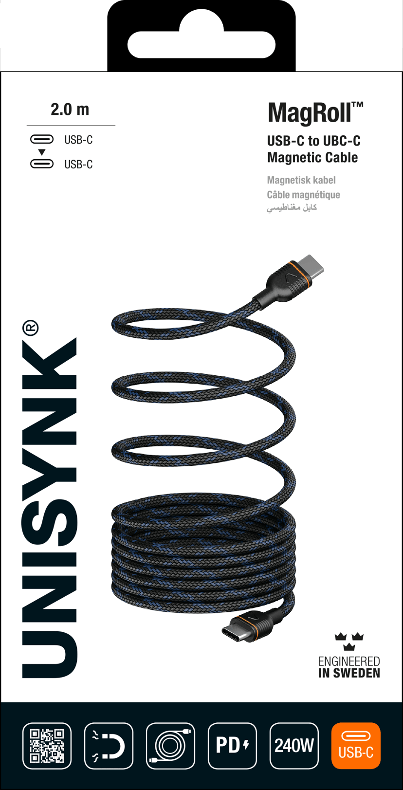 Unisynk MagRoll Magnetic USB-C Cable 2m USB-C USB-C Musta