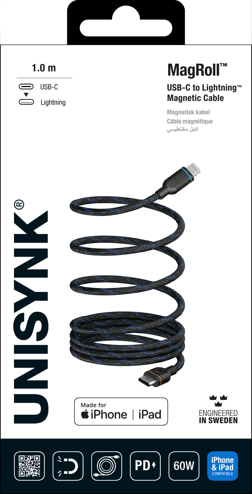 Unisynk MagRoll Magnetic Lightning Cable 1m. Sort