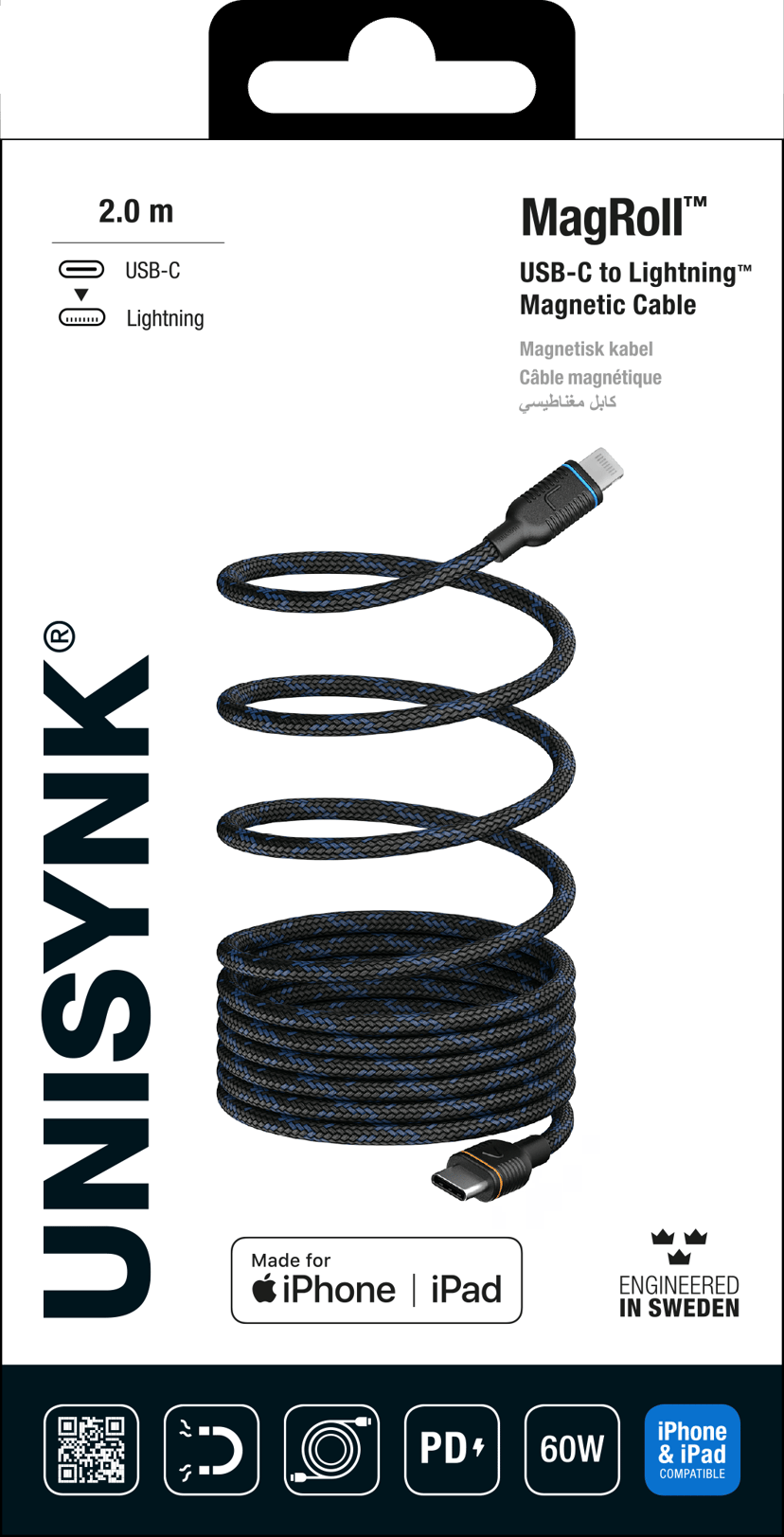 Unisynk MagRoll Magnetic Lightning Cable 2m Musta