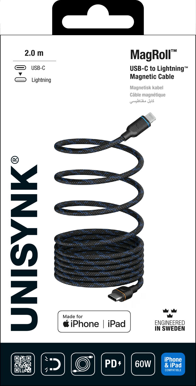 Unisynk MagRoll Magnetic Lightning Cable 2m Sort