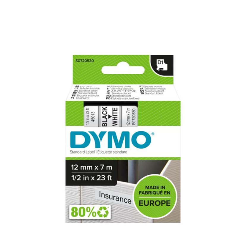 Dymo Tape D1 12mm Svart/Hvit