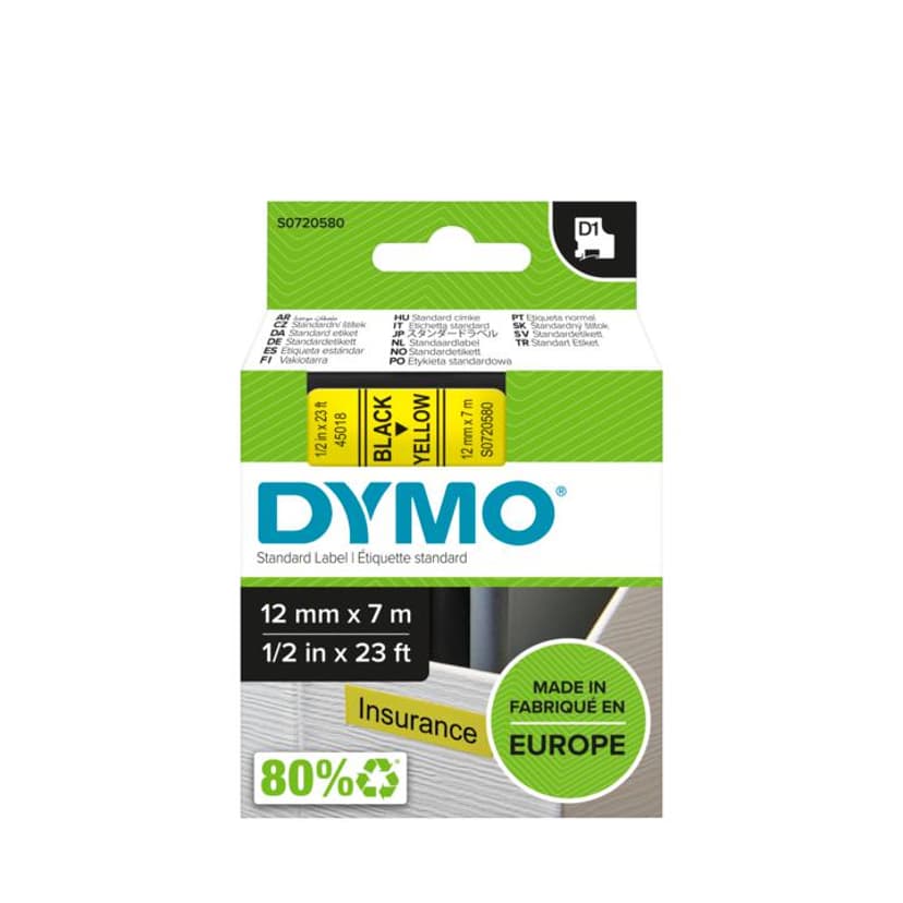 Dymo Tape D1 12mm Zwart/Geel