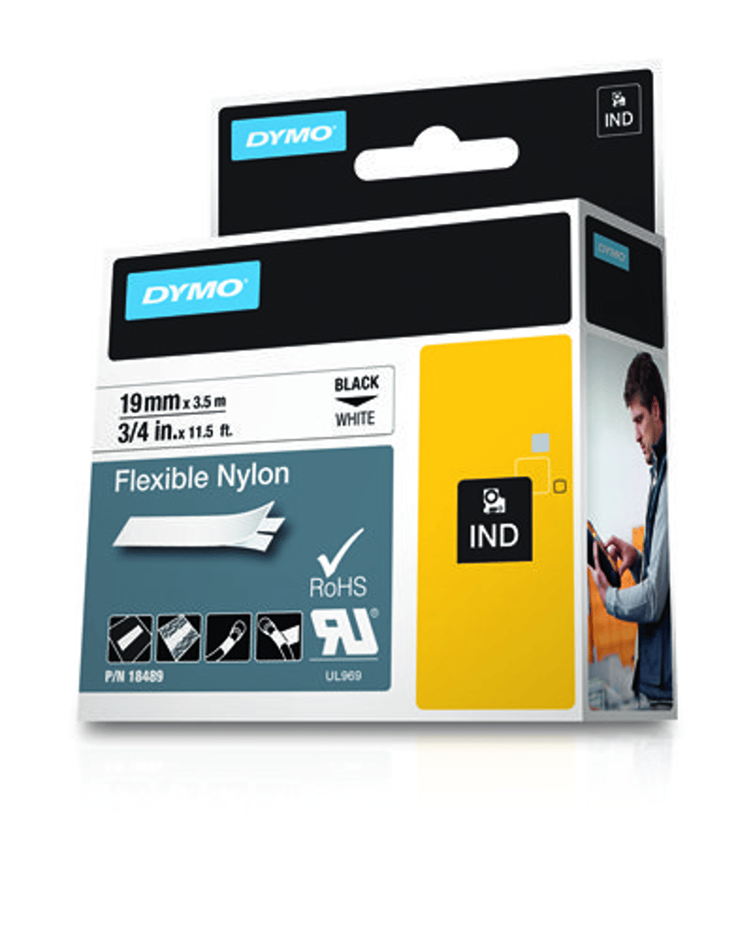 Dymo Tape RhinoPRO Joustava Nylon 19mm Musta/Valkoinen