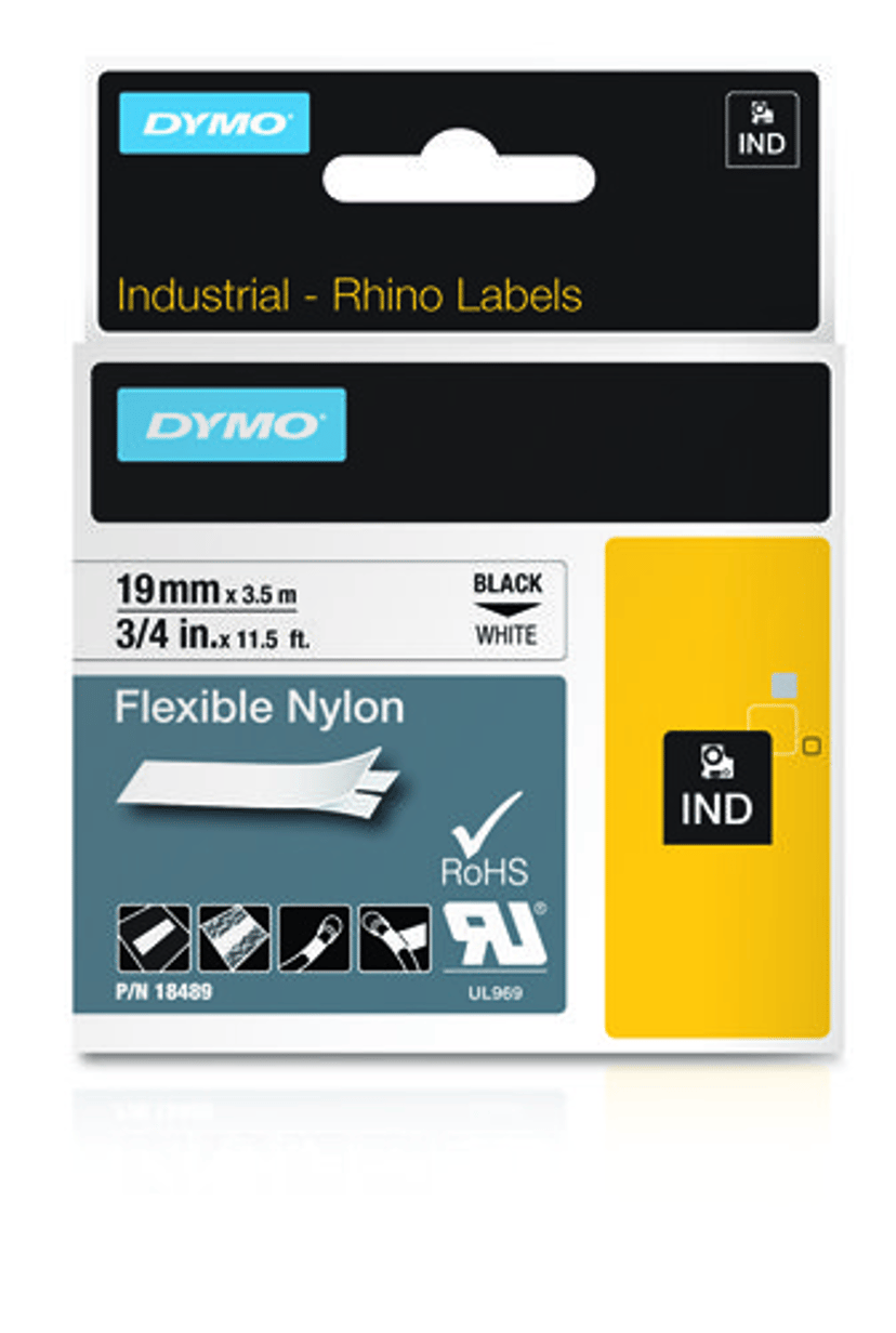 Dymo Tape RhinoPRO Fleksibel Nylon 19mm Svart/Hvit