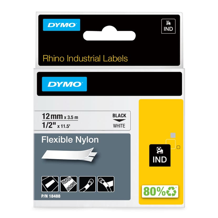 Dymo Tape RhinoPRO Flexibel Nylon 12mm Zwart/Wit