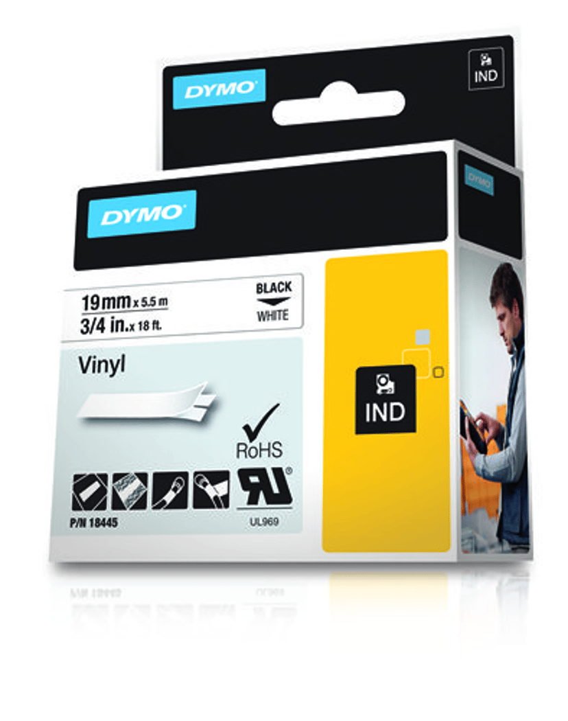 Dymo Tape RhinoPRO Permanent Vinyl 19mm Svart/Vit