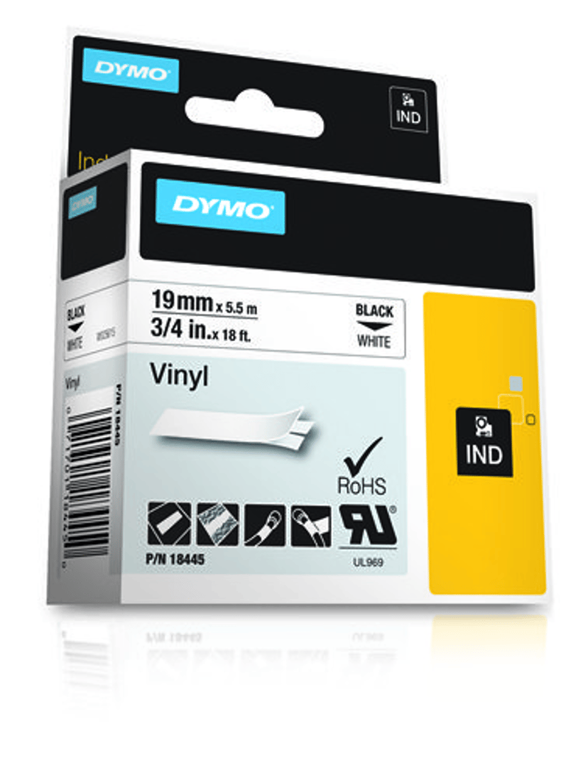 Dymo Tape RhinoPRO Permanent Vinyl 19mm Zwart/Wit