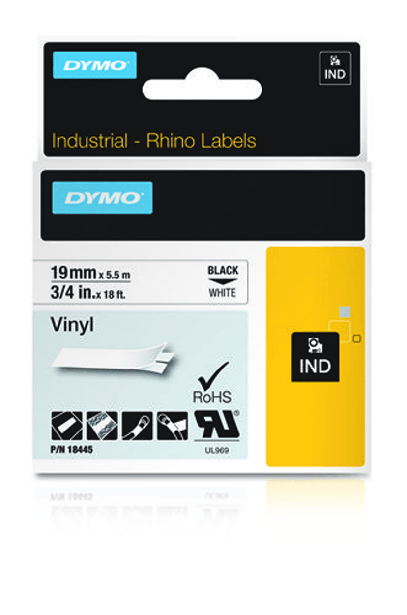 Dymo Tape RhinoPRO Permanent Vinyl 19mm Zwart/Wit
