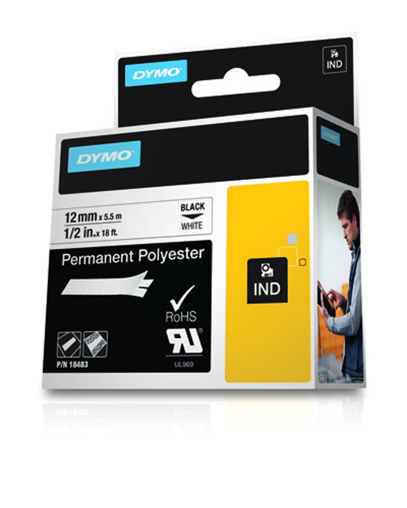 Dymo Tape RhinoPRO Permanent Polyester 12mm Zwart/Wit