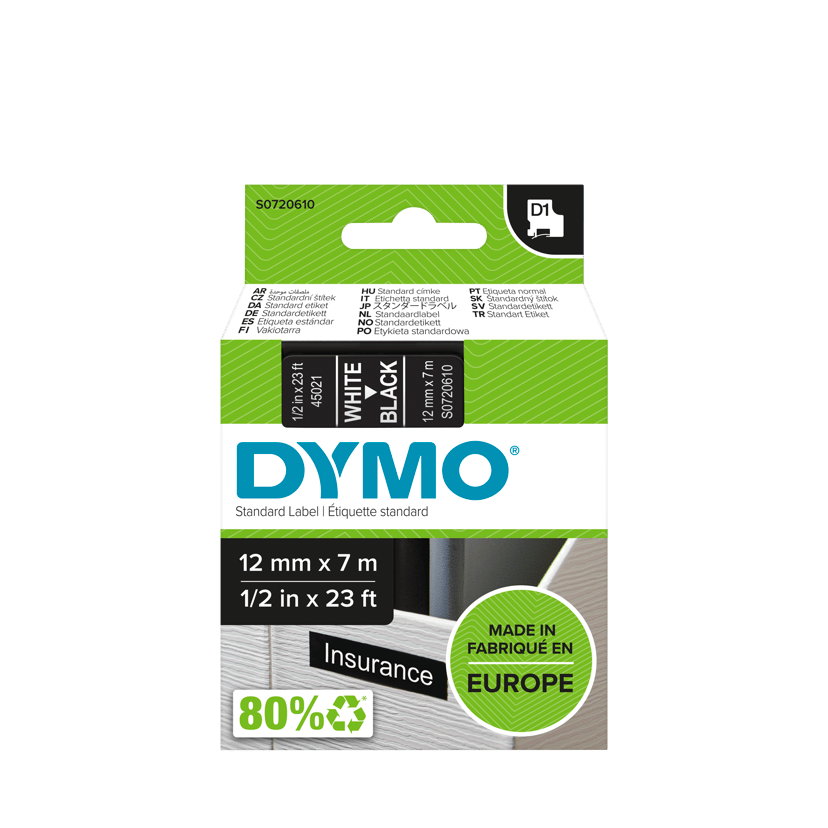 Dymo Tape D1 12mm Wit/Zwart