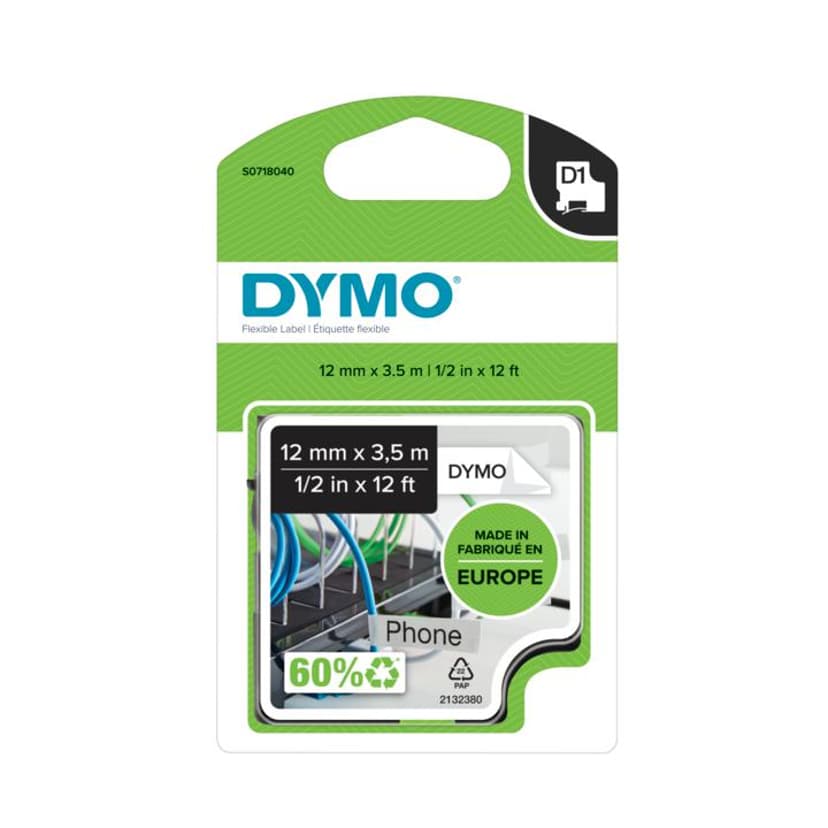 Dymo Tape D1 12mm Sort/Hvid Fleksibel