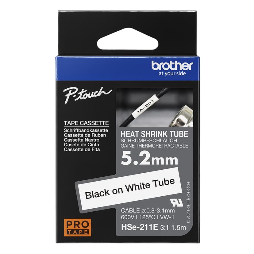 Brother Tape Krympslang 5,2mm HSe-211E Svart/Vit
