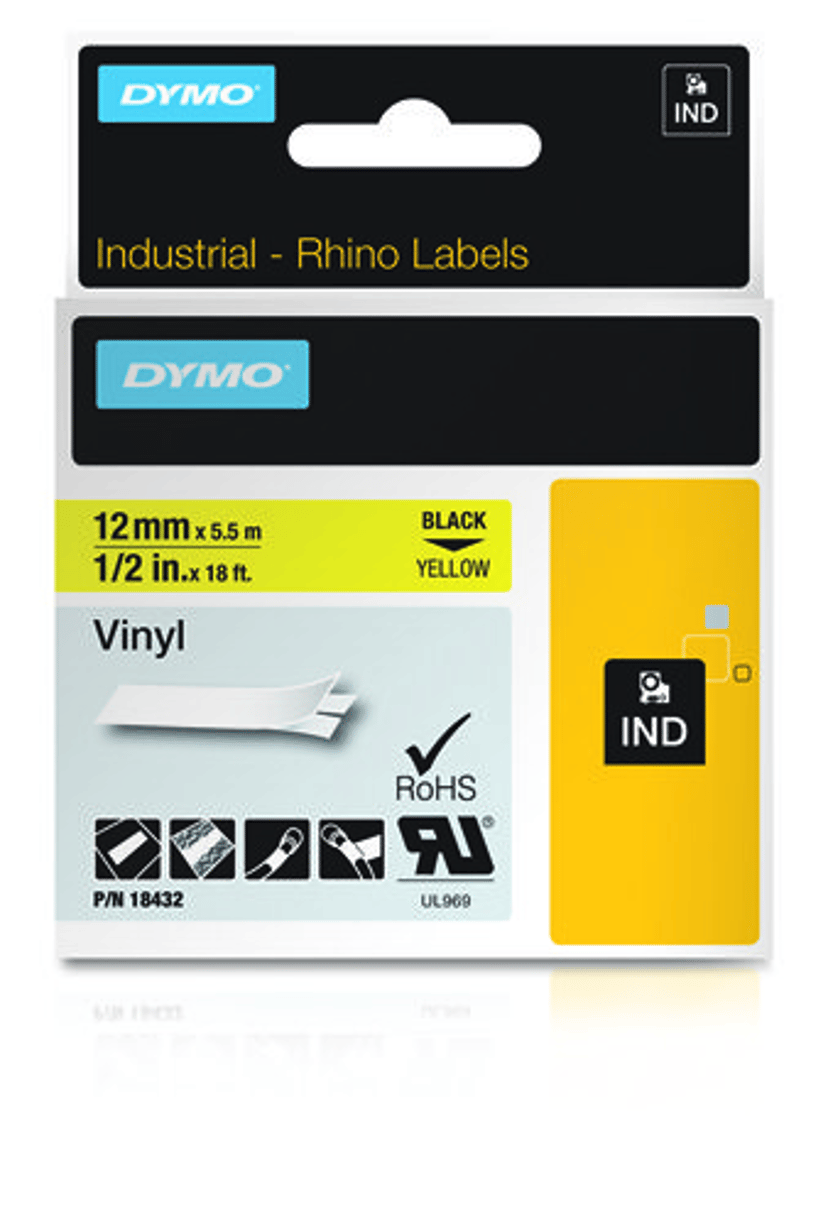 Dymo Tape RhinoPRO Permanent Vinyl 12mm Sort/Gul