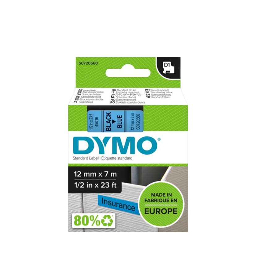 Dymo Tape D1 12mm Musta/Sininen