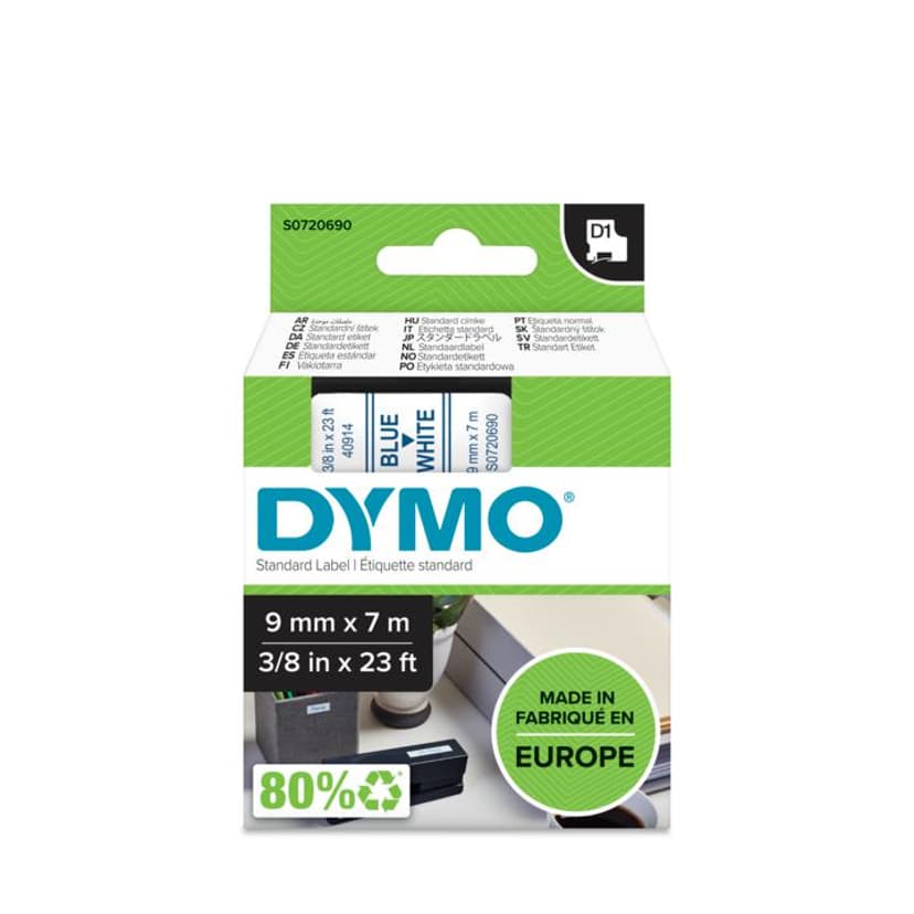 Dymo Tape D1 9mm Sininen/Valkoinen