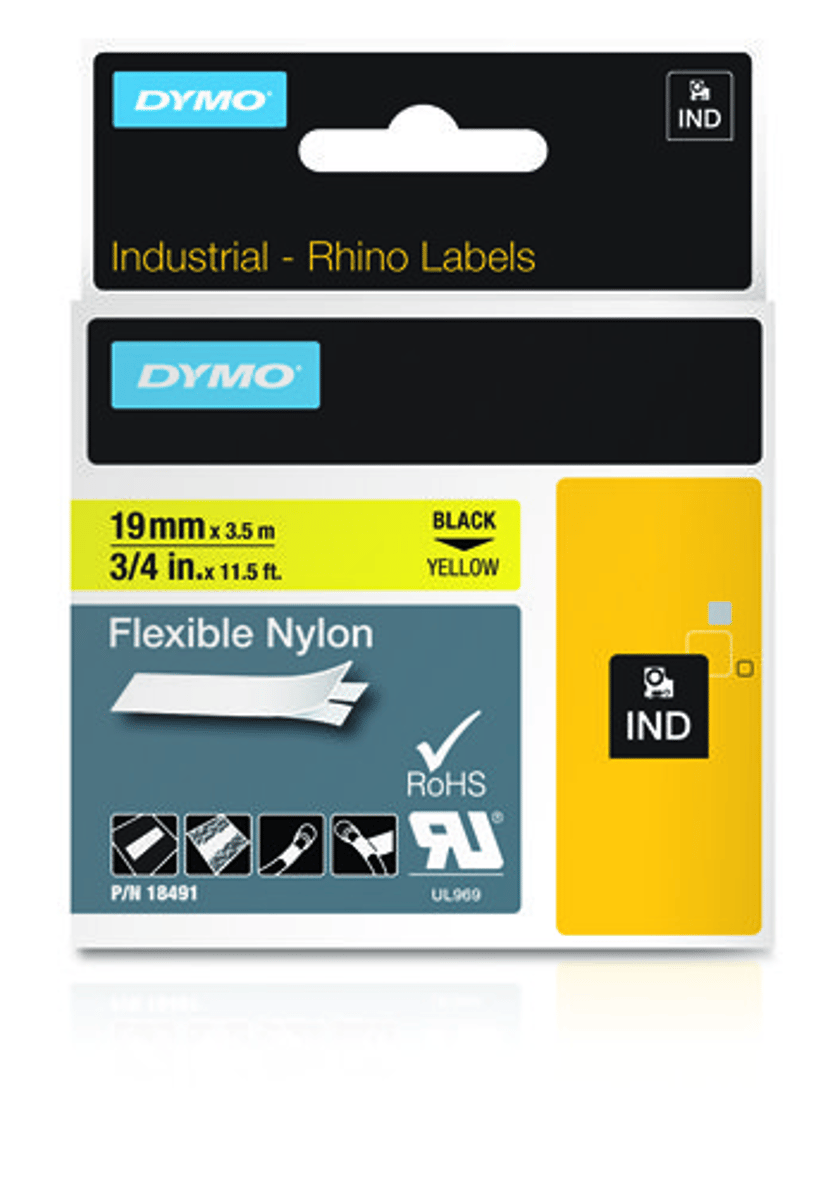 Dymo Tape RhinoPRO Flexibel Nylon 19mm Zwart/Geel