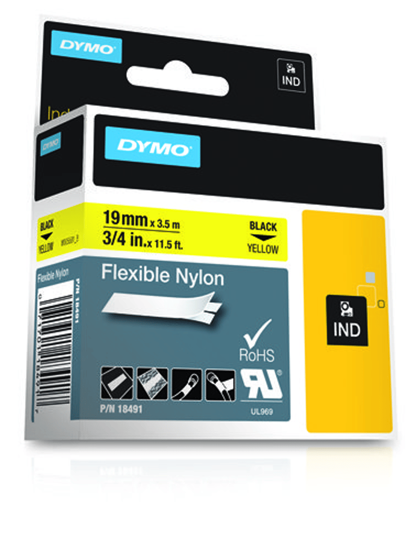Dymo Tape RhinoPRO Joustava Nylon 19mm Musta/Keltainen