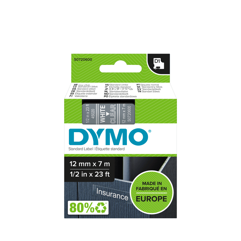 Dymo Tape D1 12mm Wit/Transparant