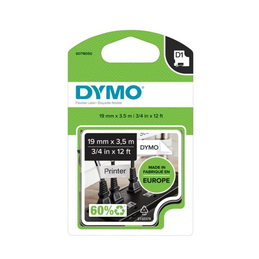 Dymo Tape D1 19mm Svart/Hvit Fleksibel