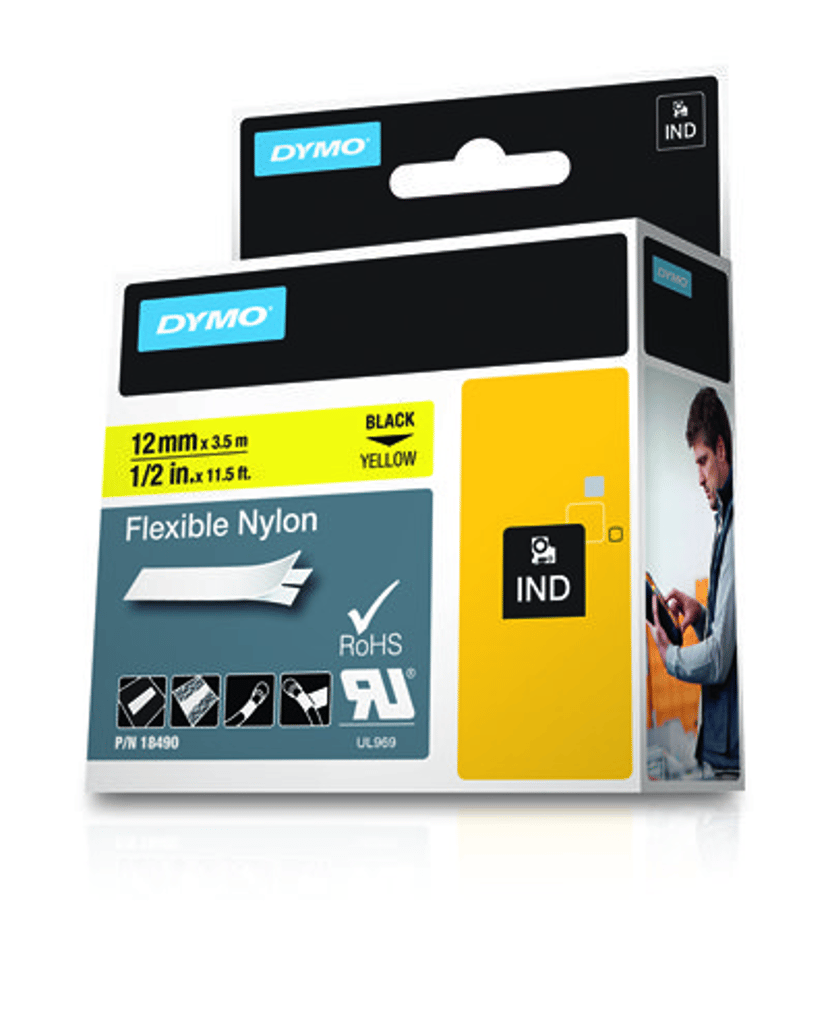 Dymo Tape RhinoPRO Joustava Nylon 12mm Musta/Keltainen