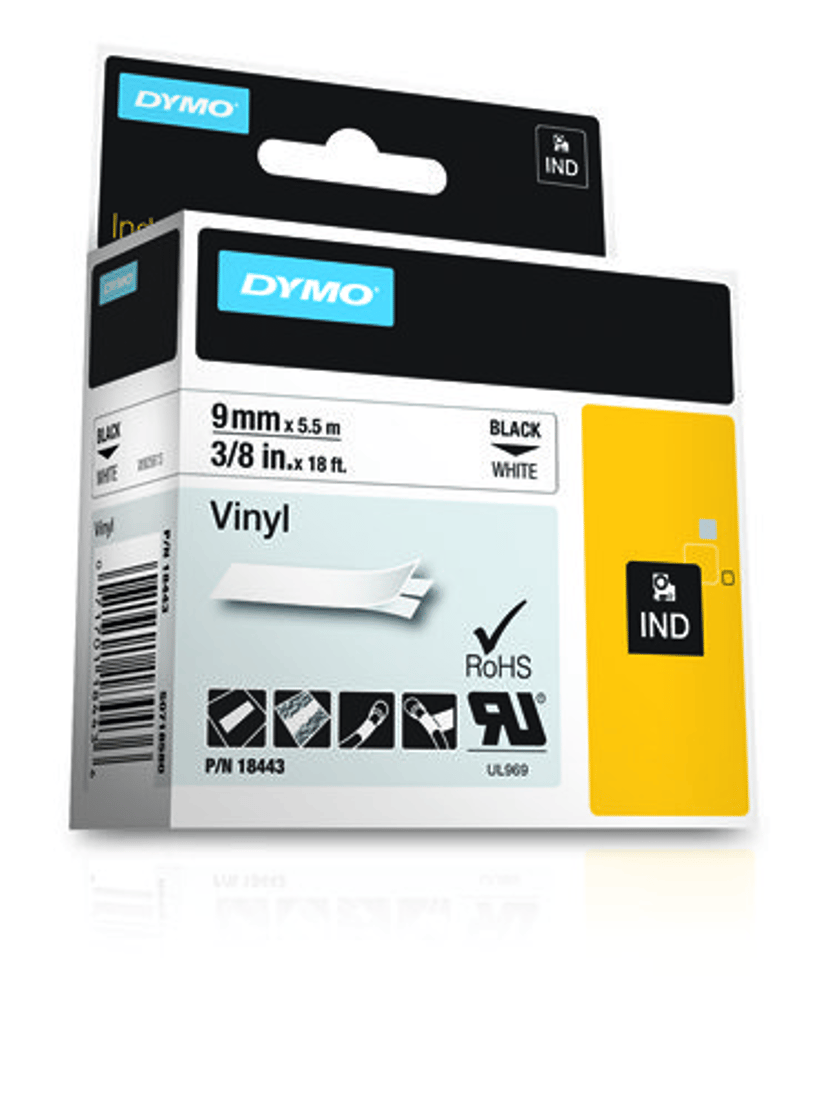 Dymo Tape RhinoPRO Permanent Vinyl 9mm Svart/Hvit