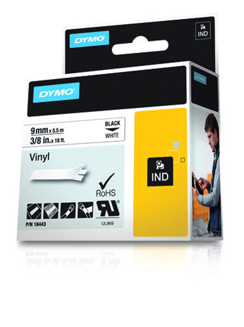 Dymo Tape RhinoPRO Permanent Vinyl 9mm Svart/Hvit