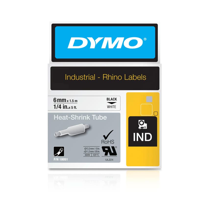 Dymo Tape RhinoPRO Kutisteputki 6mm Musta/Valkoinen