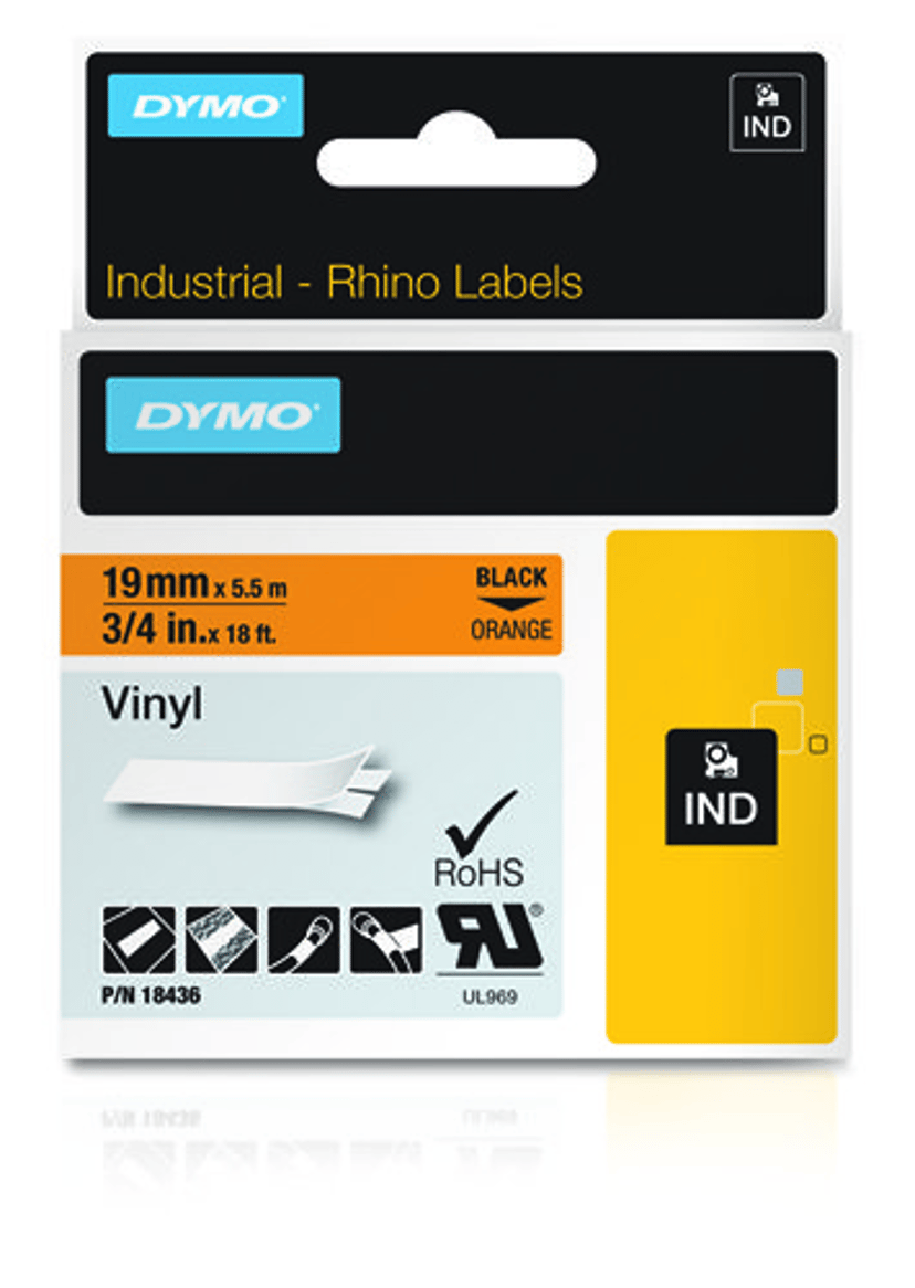 Dymo Tape RhinoPRO Permanent Vinyl 19mm Zwart/Oranje