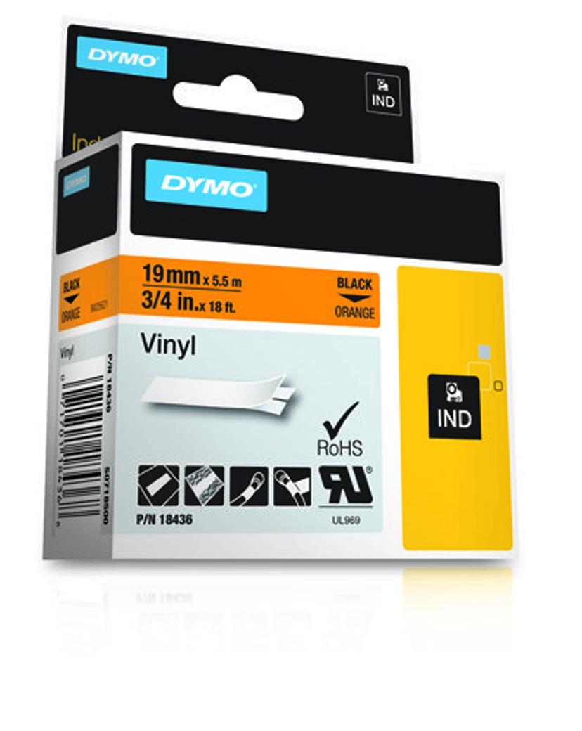 Dymo Tape RhinoPRO Permanent Vinyl 19mm Zwart/Oranje