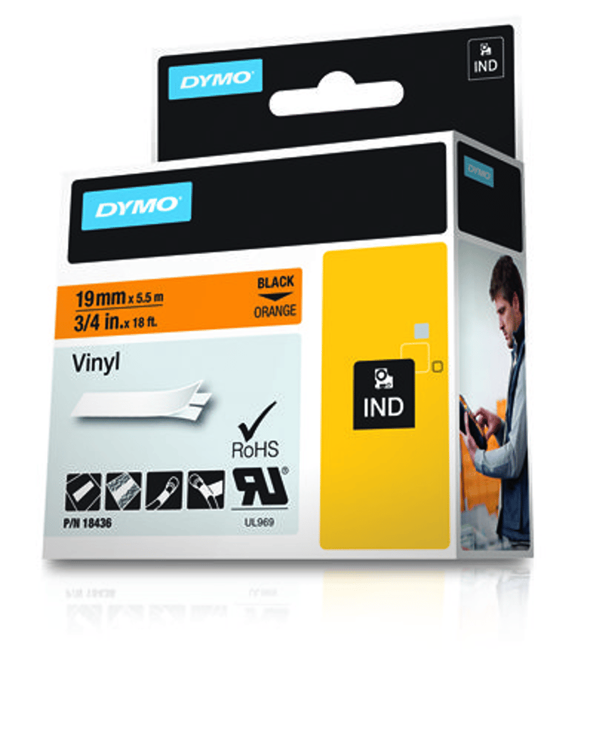 Dymo Tape RhinoPRO Permanent Vinyl 19mm Zwart/Oranje