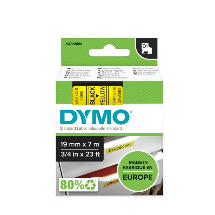 Dymo Tape D1 19mm Zwart/Geel