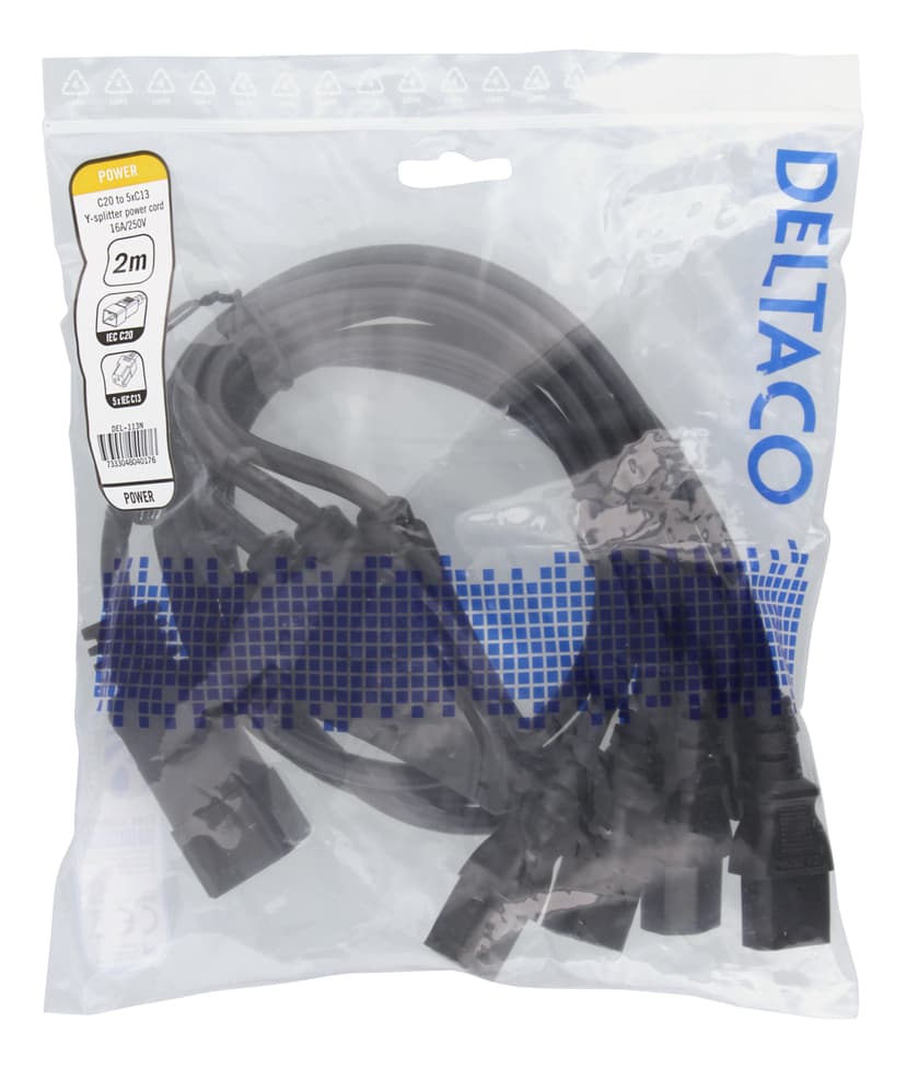 Deltaco Apparatkabel IEC C20 - 5x IEC C13, 2m, 16A/250V, Y-Splitter, svart 2m C20 C13 Svart