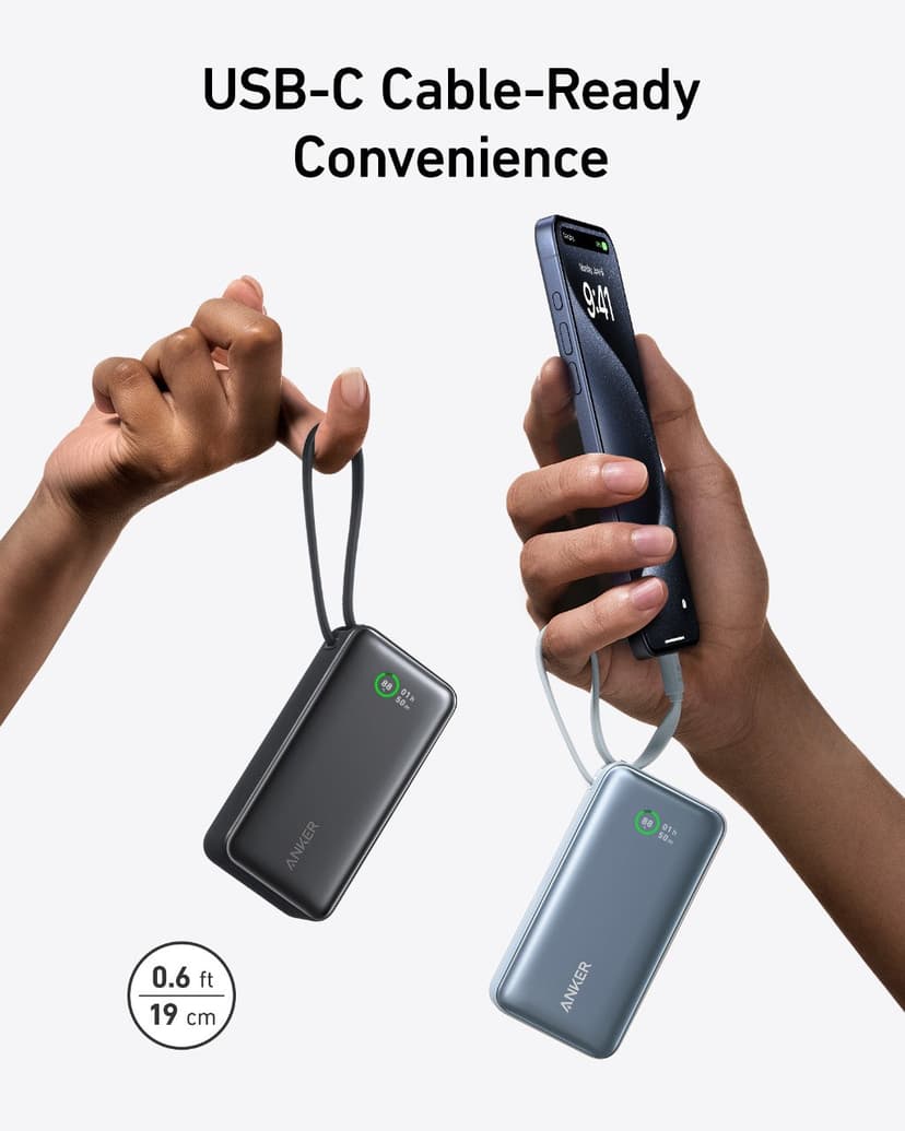 Anker 545 Nano Powerbank 10000mAh PD30W Inbyggd USB-C Kabel 10000mAh Svart