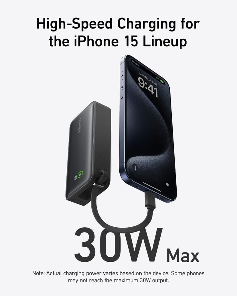 Anker 545 Nano Powerbank 10000mAh PD30W Inbyggd USB-C Kabel 10000mAh Svart